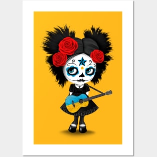 Sugar Skull Girl Playing Ukrainian Flag Guitar Posters and Art